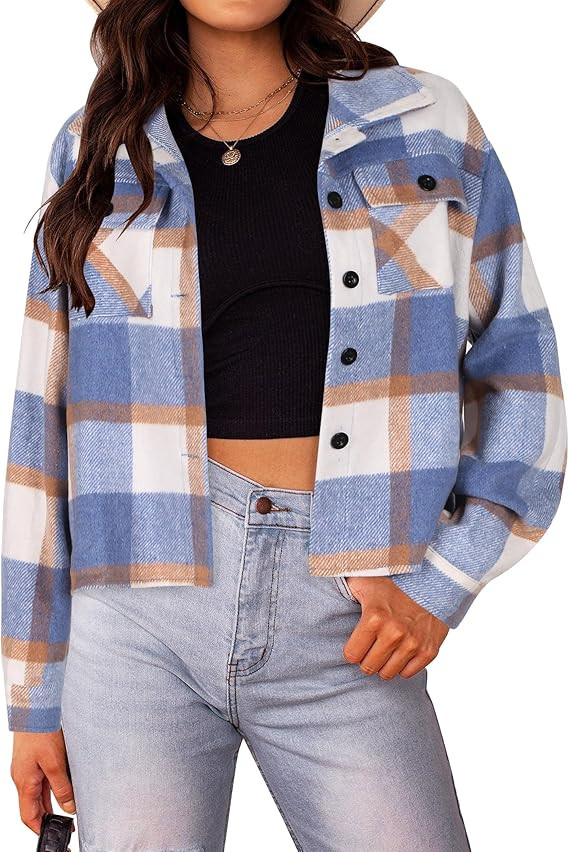 HOTOUCH Cropped Shacket Women Long Sleeve Light Jackets Ladys Flannel Shirts 2024 Fall Fashion Tr... | Amazon (US)