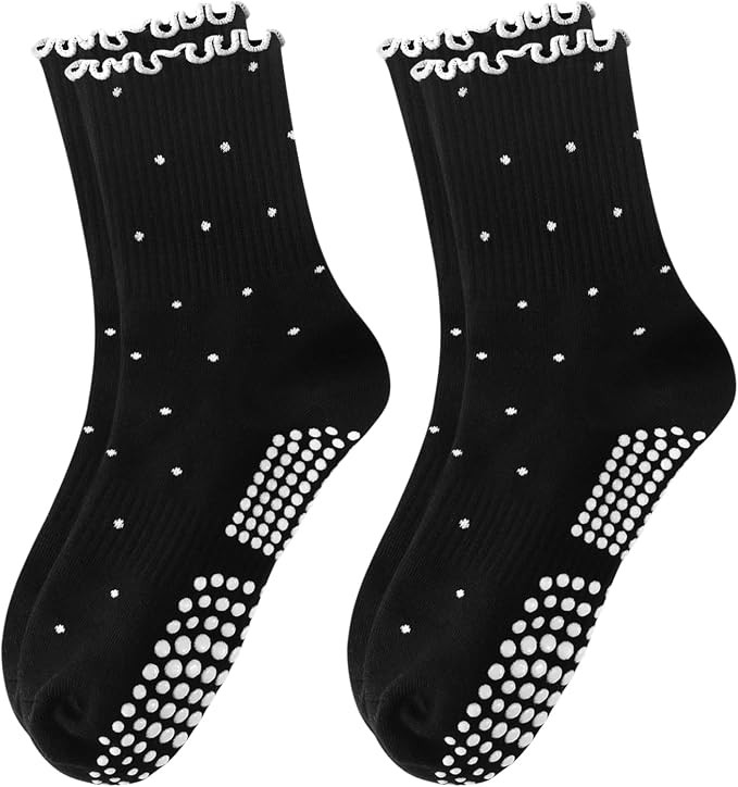 Women's Pilates Grip Socks, Cute Ruffle Non-Slip Polka Dot Yoga Sock | Grippy, Frilly, Crew Lengt... | Amazon (US)