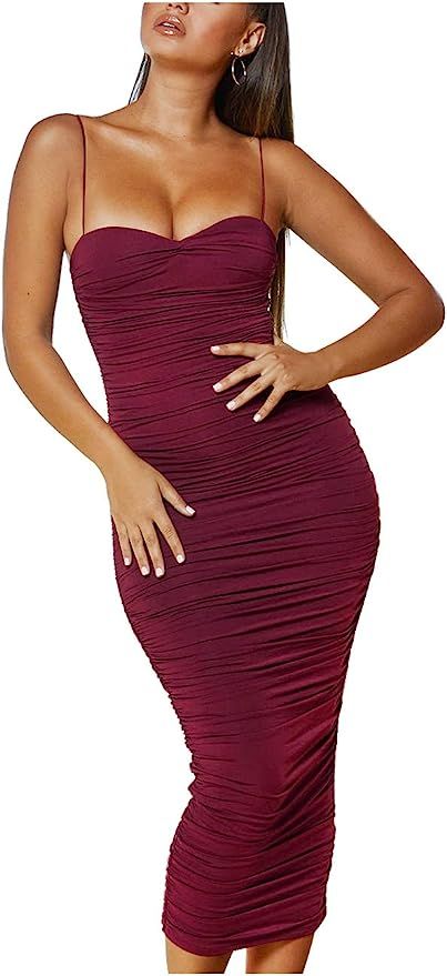 L'VOW Women's Sexy Ruched Bodycon Spaghetti Strap Backless Maxi Pencil Formal Dress | Amazon (US)