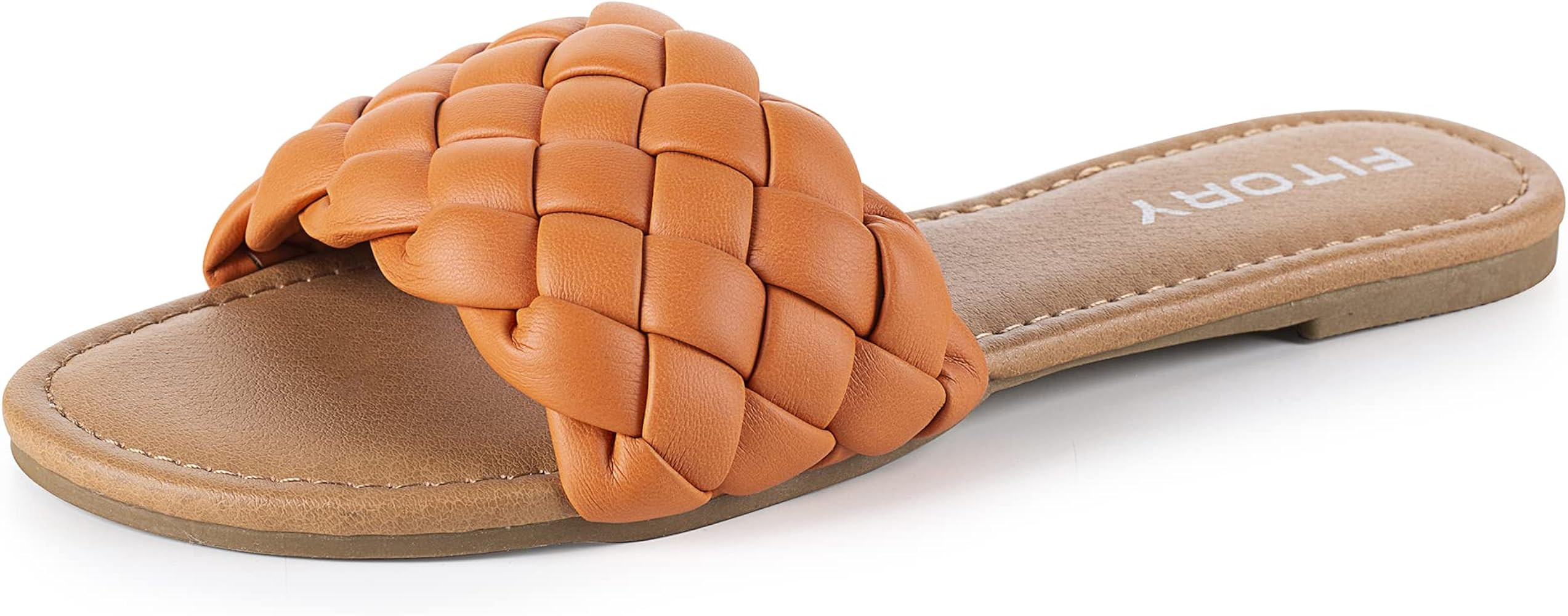 FITORY Womens Flat Sandals Fashion Round Open Toe Slip On Slides with Braided Strap Slippers for Sum | Amazon (US)