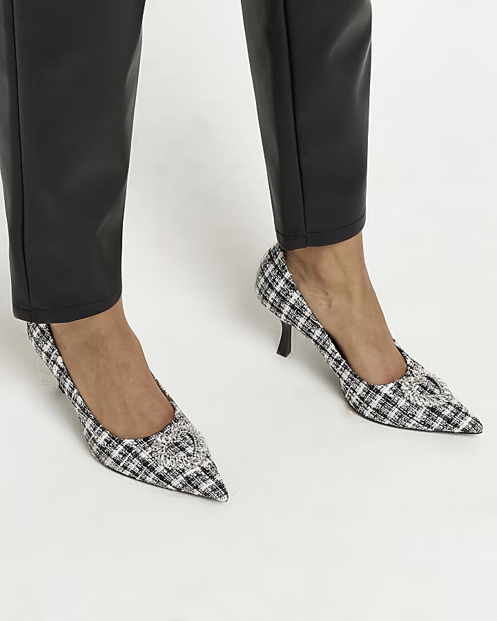 Black boucle embellished heeled court shoes | River Island (US)