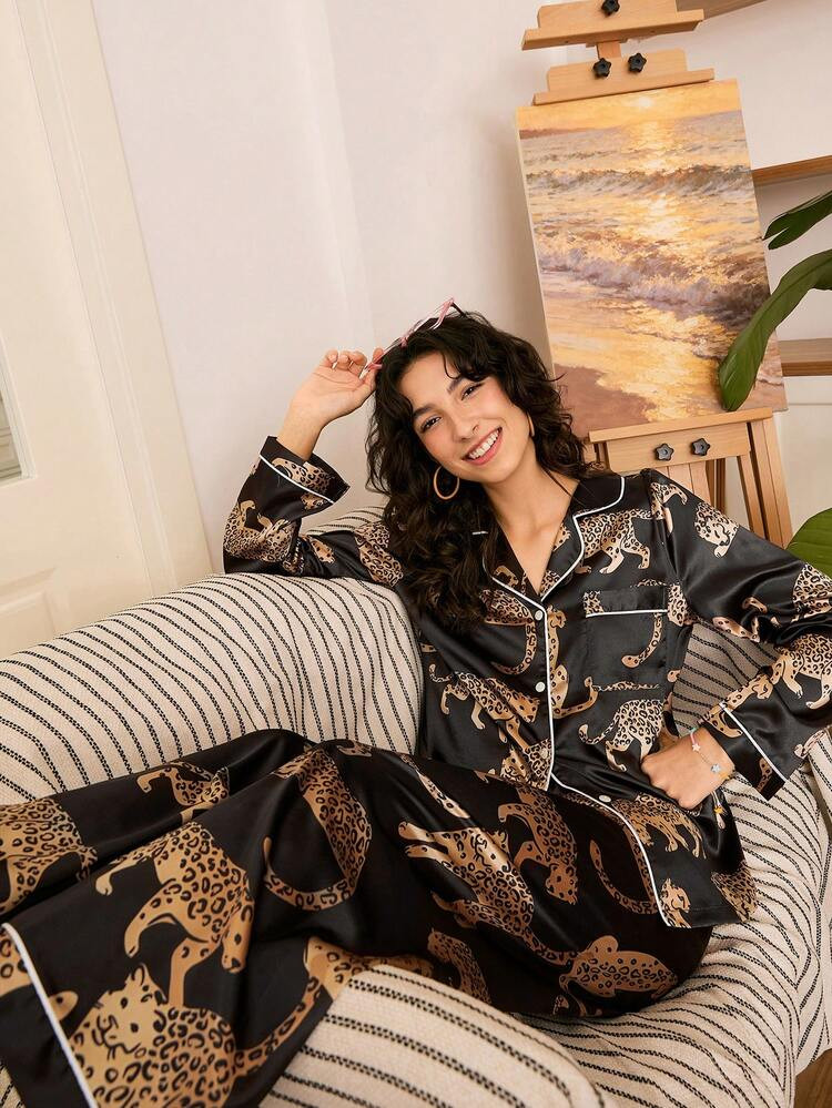 Chillnights Fashionable Casual INS Quality Faux Silk Black Leopard Print Oversized Women Pajama Set Women Silk Pajama Set Silk Pj Set Black Satin Pj Set Silk Sleepwear Western Pj Set Silk Pajamas Animal Print Pajama Set Sleep Wear Women Silk | SHEIN