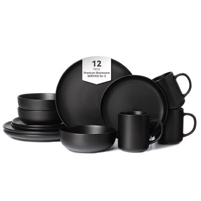 Rbied 12-Piece Stoneware Dinnerware Sets W/ Mugs, Microwave & Dishwasher Safe, Non-Toxic Dinner Plates Bowls Set, Matte Glaze Kitchenware for 3, Black | Target