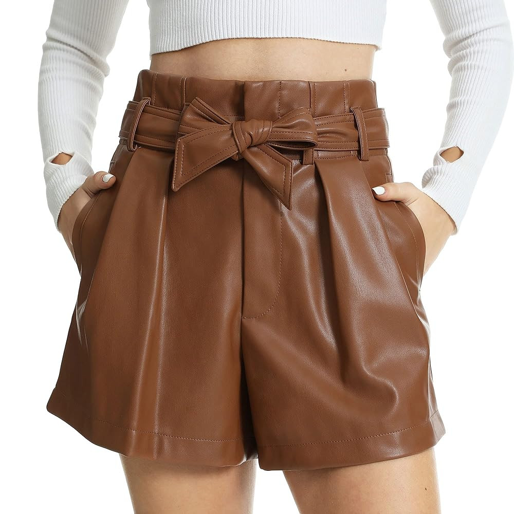 Fahsyee Black Faux Leather Shorts Women High Waisted Casual Wide Leg Size S-XXL | Amazon (US)
