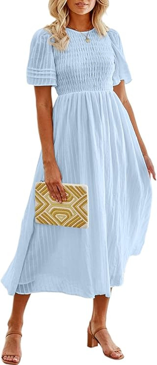 Glamaker Women's Summer Casual Short Sleeve Smocked Midi Dress Puff Sleeve A Line Flowy Midi Long... | Amazon (US)