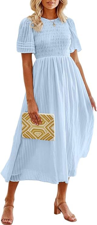 Glamaker Women's Summer Casual Short Sleeve Smocked Midi Dress Puff Sleeve A Line Flowy Midi Long... | Amazon (US)