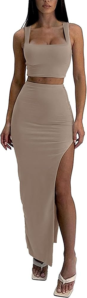 ELLEVEN Two Piece Maxi Skirt Sets for Women, Square Neck Tank Tops with High Side Slit Dress Sets... | Amazon (US)