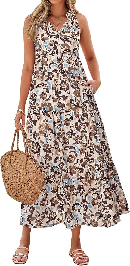 Glamaker Womens Summer Floral Maxi Dress Casual V Neck Sleeveless Loose Fit Boho Flowy A Line Tie... | Amazon (US)