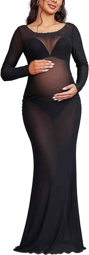 Bhome Maternity Photoshoot Dress Long Sleeve Sheer Mesh Maternity Maxi Gown Babyshower | Amazon (US)
