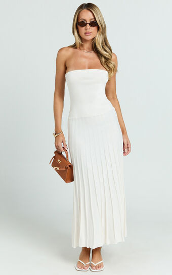 Paris Midi Dress - Strapless Drop Waist Pleated Knit Dress in White | Showpo (US, UK & Europe)