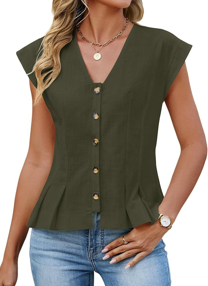 Womens V Neck Crop Tank Tops Cap Sleeve Spring Summer Blouse Button Down Shirts Going Out Vests T... | Amazon (US)
