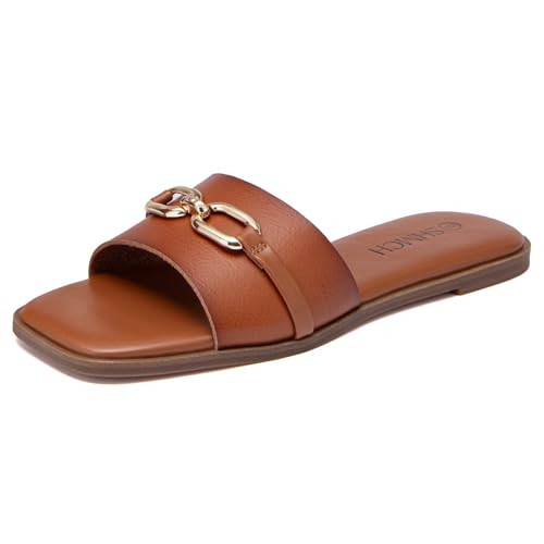 SHMCH Women's Flat Sandals Square Toe Dressy Slides with Comfortable Leather for Summer Brown 8 | Amazon (US)