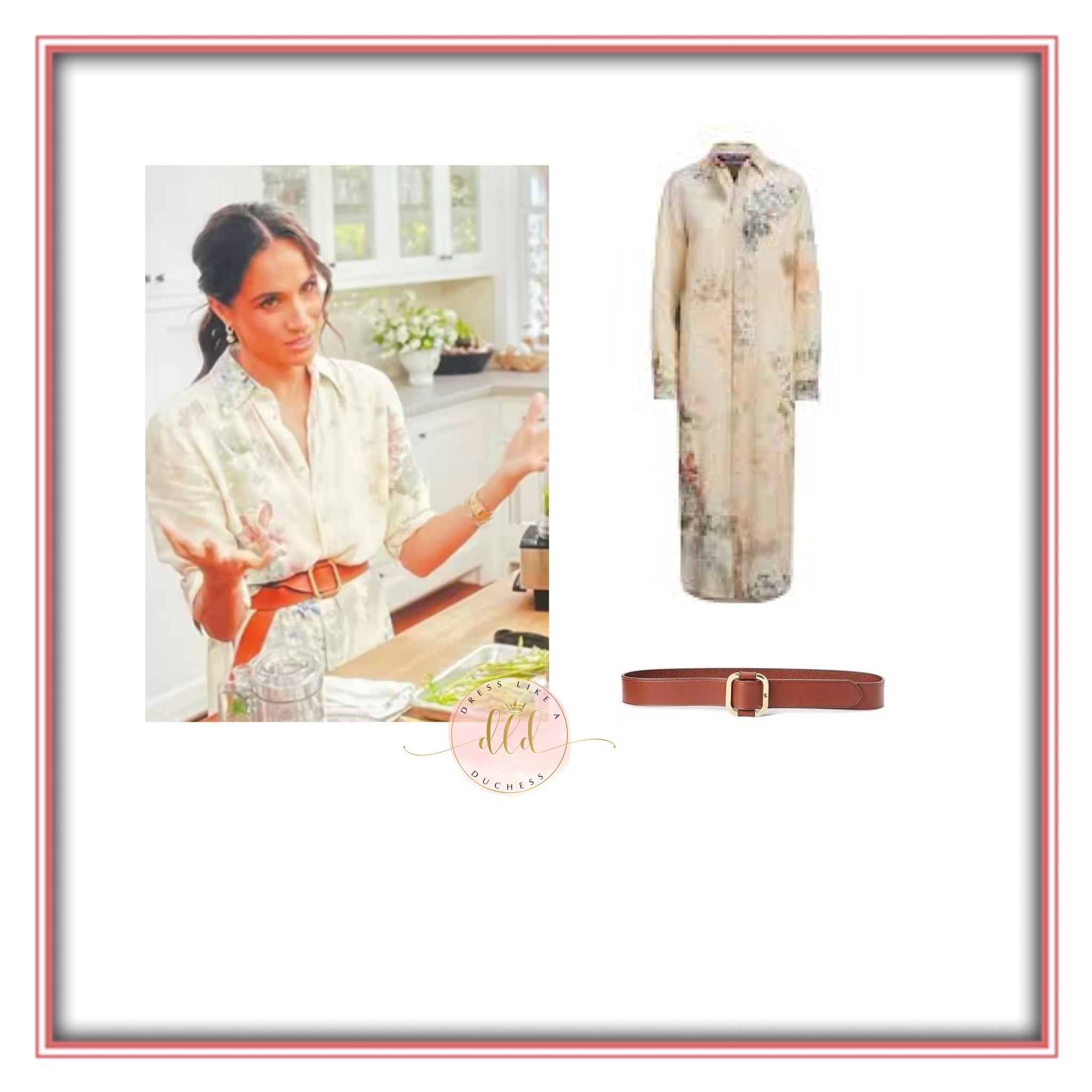 Meghan Markle on her Netflix show in Ralph Lauren Graison Floral Linen Voile Day Dress (past season) and Ralph Lauren slider belt 