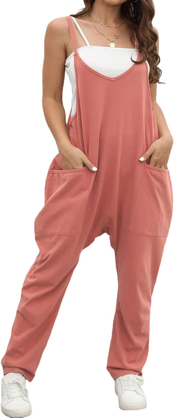 OUFEIYA Womens Casual Sleeveless Adjustable Strap Loose Solid Jumpsuits Baggy Stretchy Long Pant ... | Amazon (US)