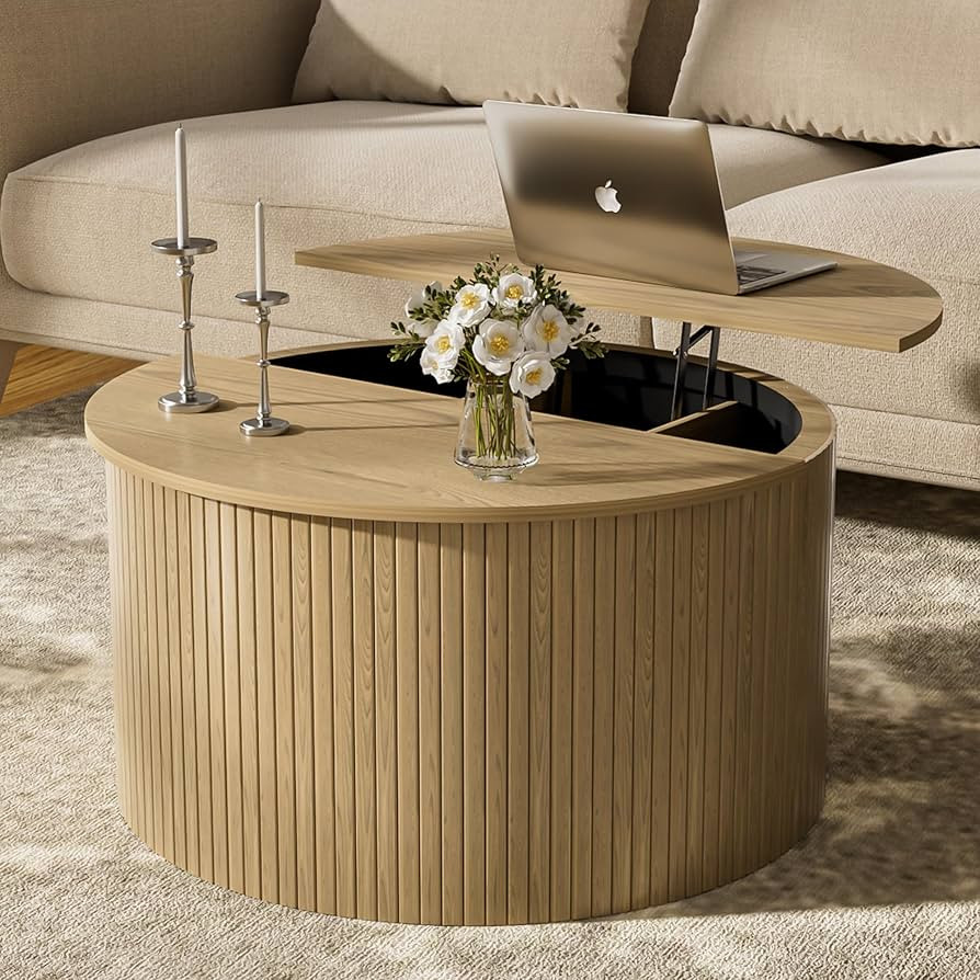 Fluted Round Coffee Table with Lifting Top, 31.5" Oak Small Circle Coffee Table with Storage for ... | Amazon (US)