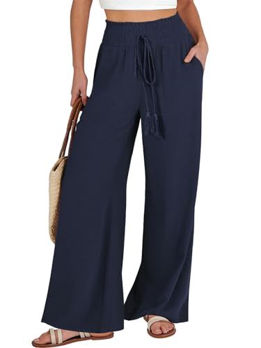 ANRABESS Women Linen Palazzo Pants Summer Casual Loose High Waist Wide Leg Long Lounge Pant Trousers with Pocket | Amazon (US)