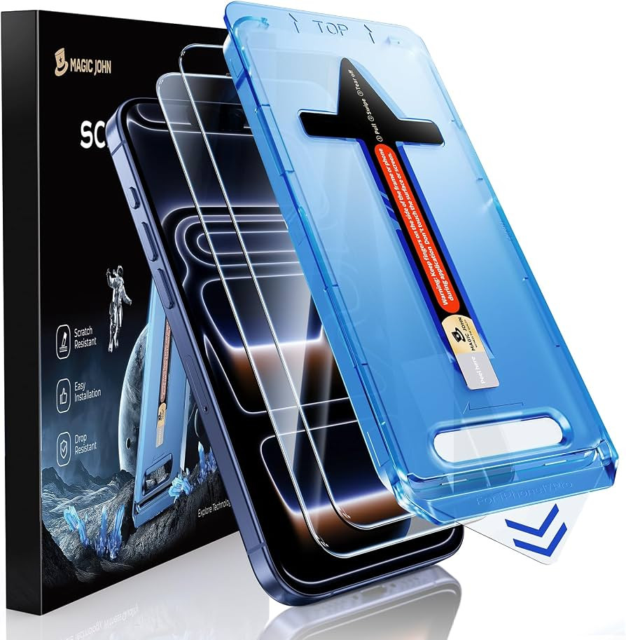 MAGIC JOHN 2 Pack for iPhone 17 Pro 6.3 inch Tempered Glass Screen Protector, Auto Dust-Eliminati... | Amazon (US)