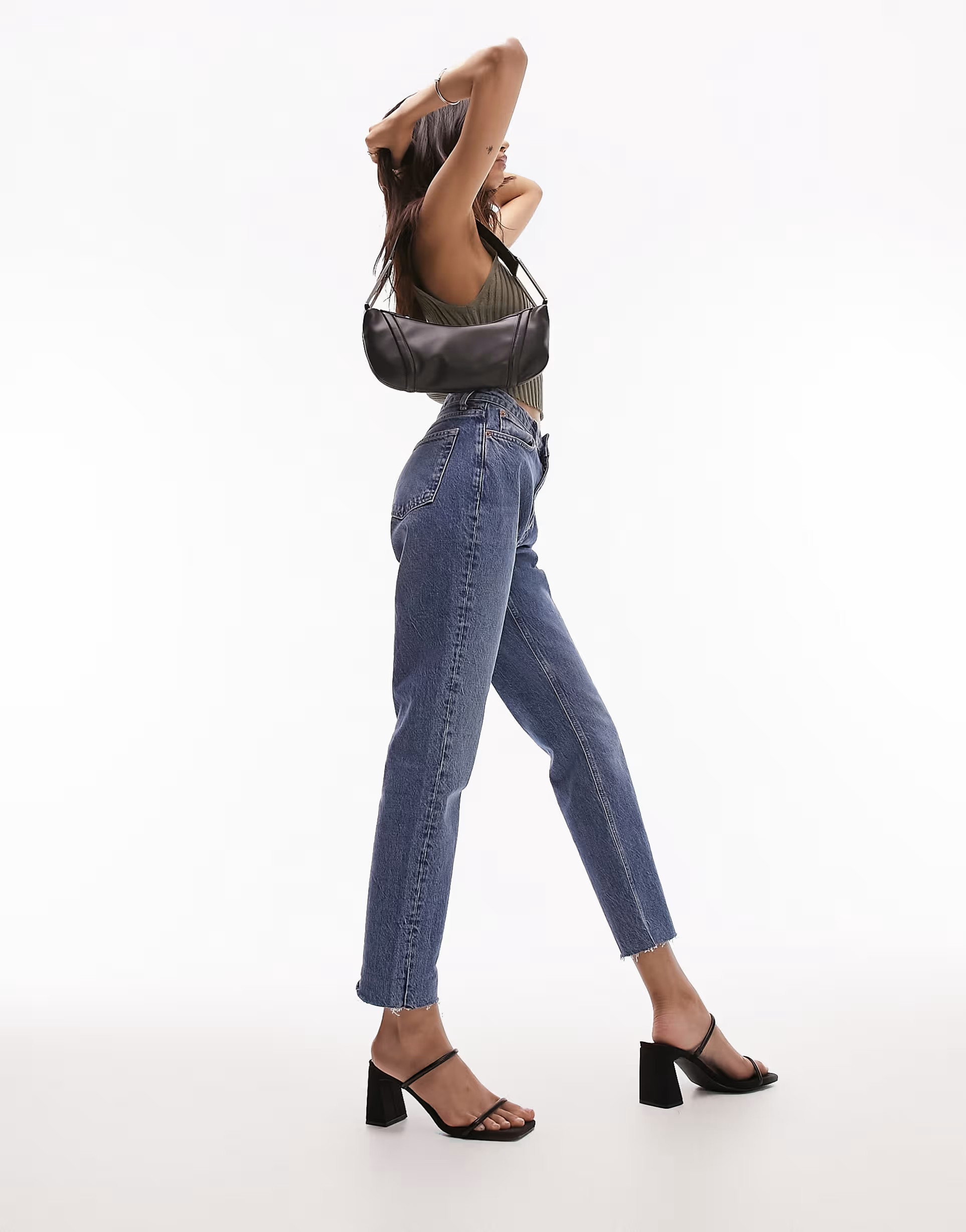 Topshop mid rise straight jeans with raw hem in mid blue | ASOS (Global)