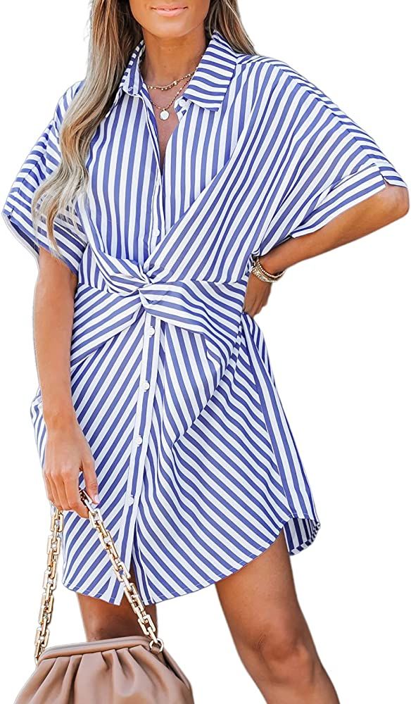 CUPSHE Women's Shirt Collar Twist Front Short Length Dresses Button Down Mini Dress with Short Sleev | Amazon (US)