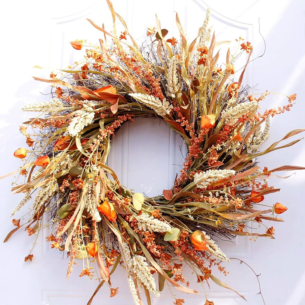 Fall Wreath 24 Inches Large Farmhouse Autumn Harvest Wreaths with Straw Wheat Maple Leaf Grain fo... | Amazon (US)