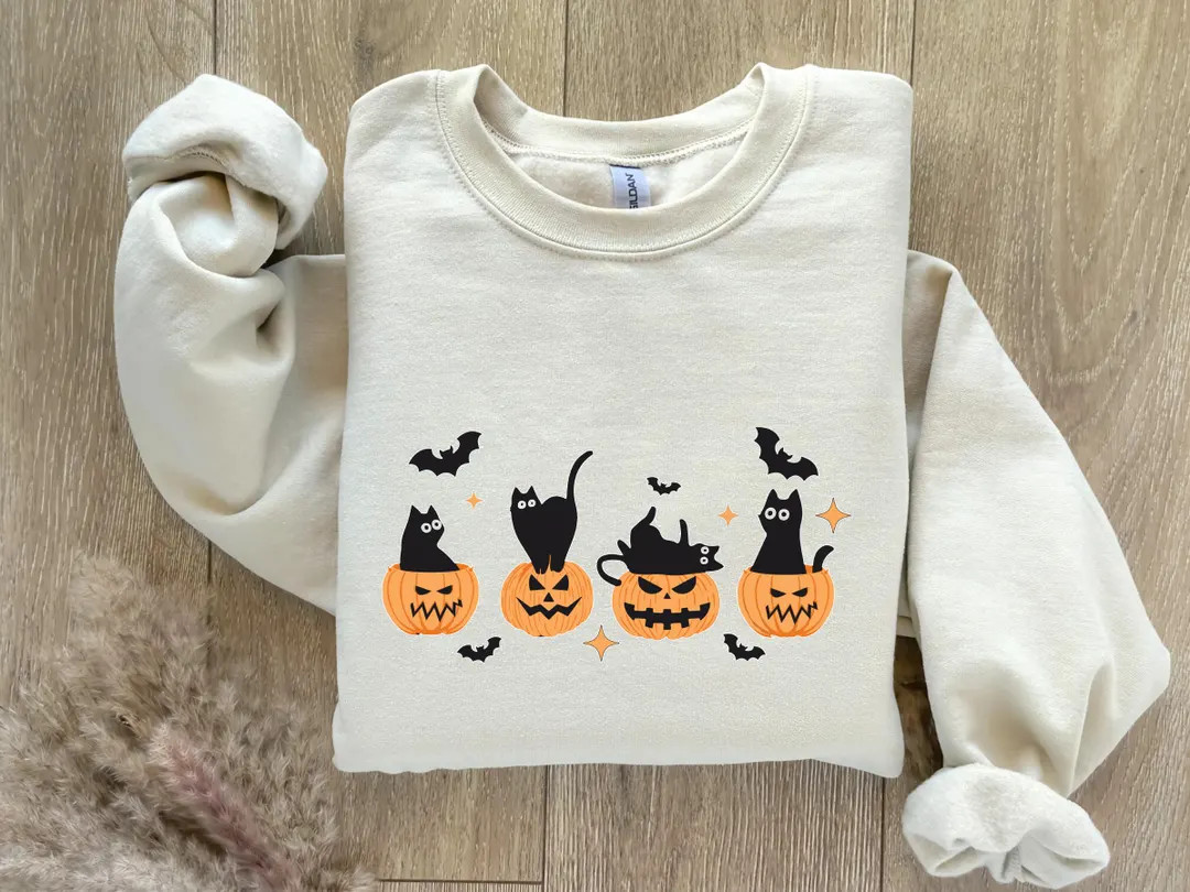 Black Cat and Pumpkin Sweatshirt, Halloween Cat Sweatshirt, Cat and Pumpkin Sweatshirt, Black Cat... | Etsy (US)