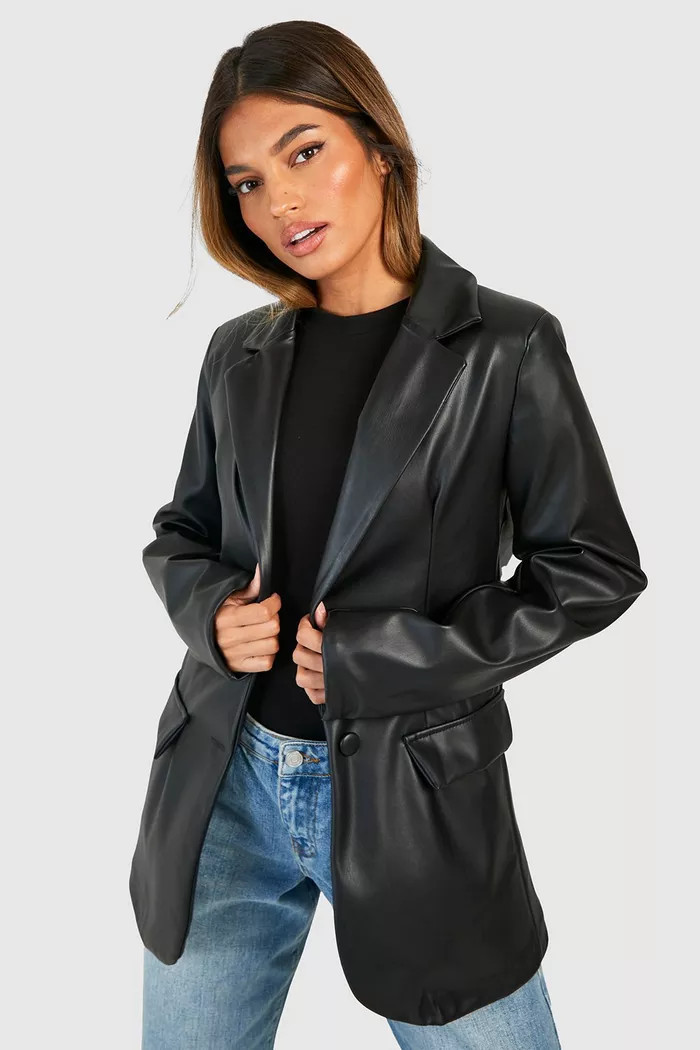 Faux Leather Plunge Front Fitted Blazer | boohoo (US & Canada)