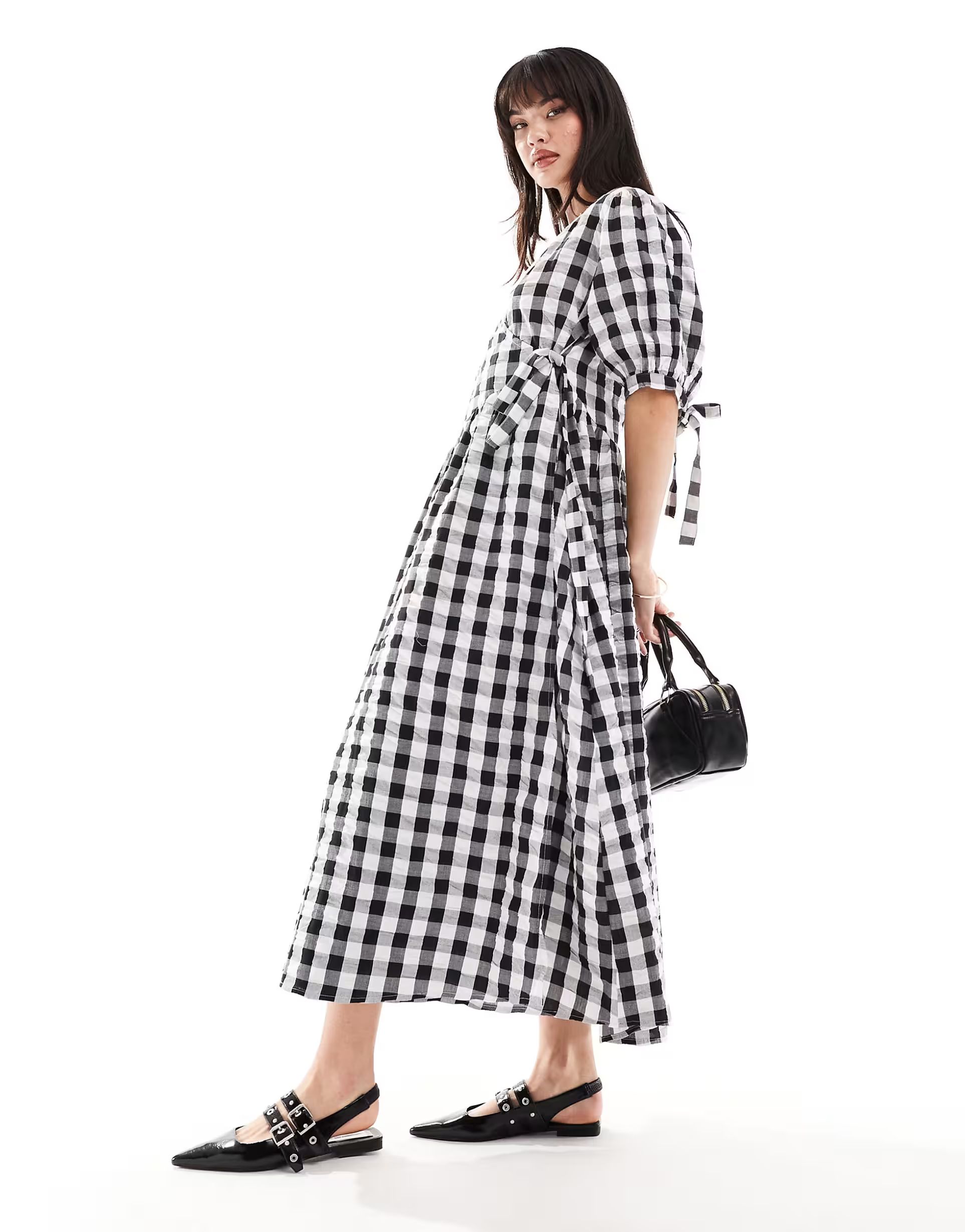 ASOS DESIGN wrap midi smock dress in mono gingham | ASOS (Global)