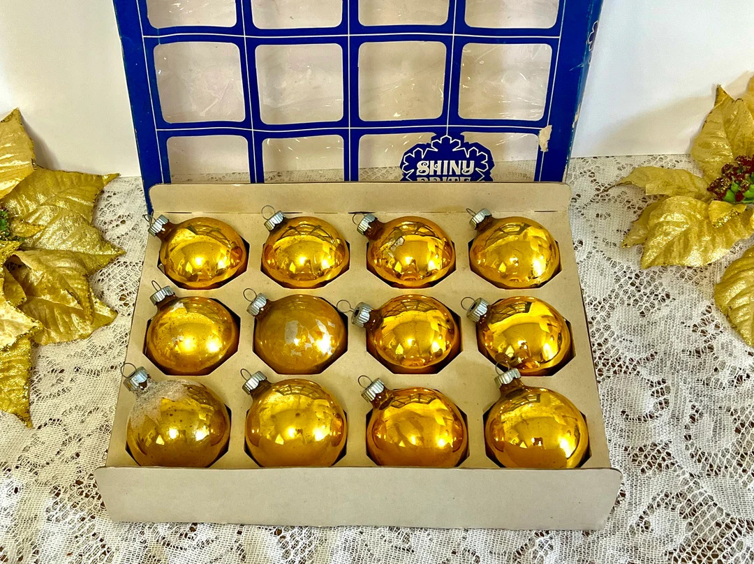 Vintage Gold Glass Christmas Ornaments 1950's Shiny Brite - Etsy | Etsy (US)