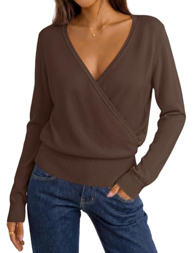 MEROKEETY 2026 Fall V Neck Wrap Sweaters for Women Knit Tops, Brown, M | Amazon (US)