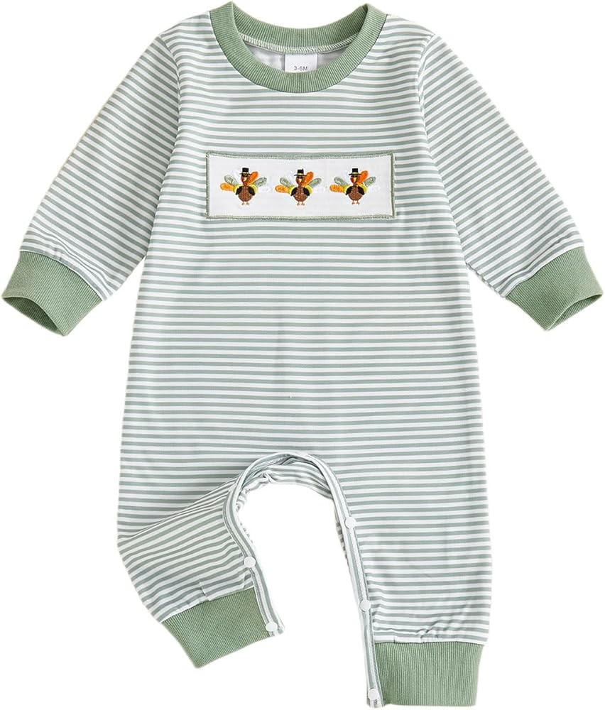 Infant Baby Boy Thanksgiving Outfit Newborn Long Sleeve Turkey Embroidery Romper Stripe Jumpsuit ... | Amazon (US)