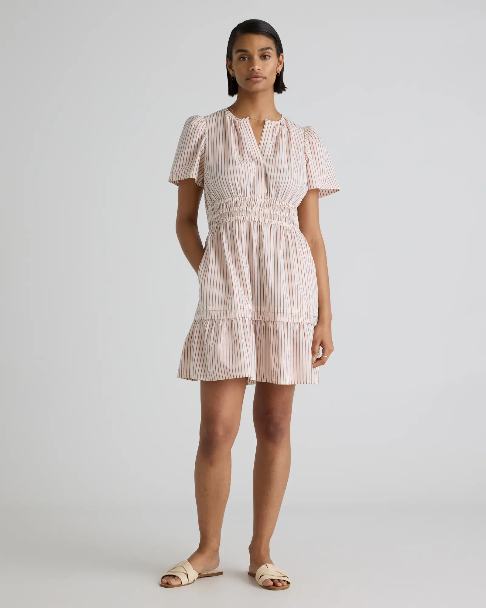 100% Organic Cotton Poplin Tiered Mini Dress in Terracotta Stripe | Quince
