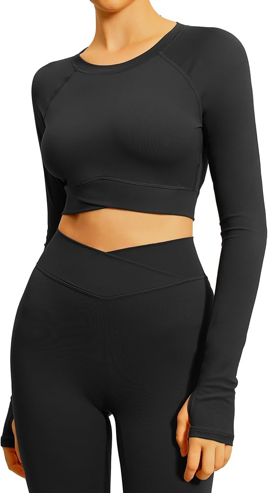 Workout Set for Women Scrunch butt lifting Leggings with Patch Pocket Long Sleeve Round Neck Top ... | Amazon (US)