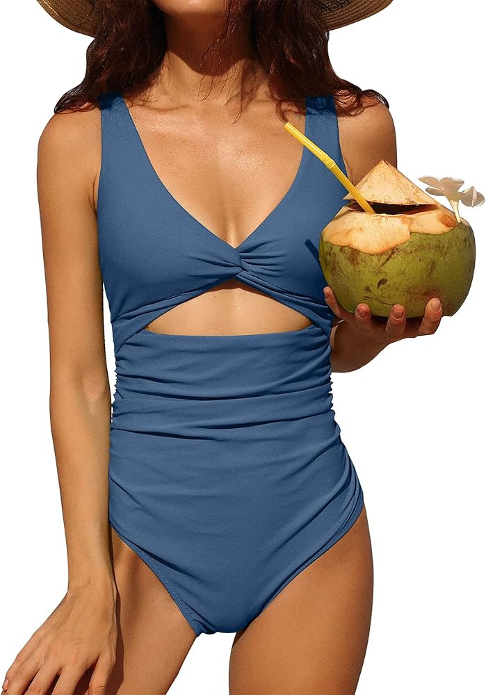 Charmo Womens One Piece Swimsuit Ruched Tummy Control High Cut Backless V Neck Bathing Suits Swimwea | Amazon (US)