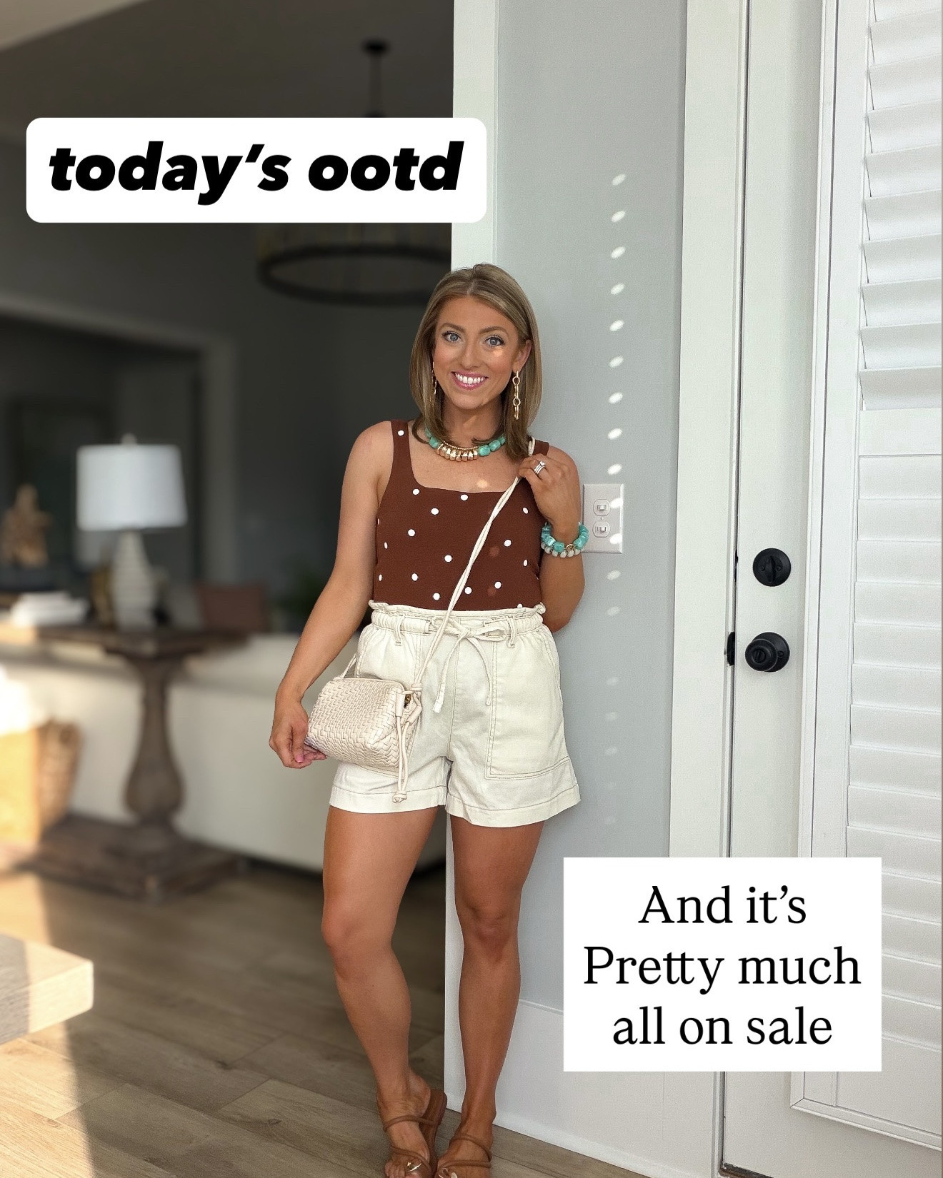 OOTD 🤎✨ This look is giving effortless summer style, and the best part? Almost everything is on sale! I paired this adorable brown polka dot tank with the cutest cream paperbag shorts for an easy outfit that works for brunch, shopping, errands, or date night. I finished it off with my favorite woven crossbody, turquoise statement jewelry, and these gorgeous brown sandals with gold hardware that look so much more expensive than they are.

If you’re looking for affordable summer fashion, this is one of those outfits you’ll reach for again and again. Neutral pieces like these mix and match with everything in your closet!

✨ Outfit details:
• Brown polka dot tank
• Cream paperbag shorts
• Woven crossbody bag
• Turquoise necklace + bracelet
• Gold link earrings
• Brown gold-detail sandals
• Pretty much everything is on sale!

#OOTD #SummerOOTD #AffordableFashion #SummerStyle #CasualChic #EverydayStyle #NeutralOutfit #PolkaDotTop #PaperbagShorts #SummerFashion #SaleFinds #FashionDeals #AmazonFashion #WalmartFashion #LTKStyle #LTKFinds #StyleInspo #DailyOutfit #SummerWardrobe #FashionBlogger

#LTKootd #LTKPetite #LTKSaleAlert