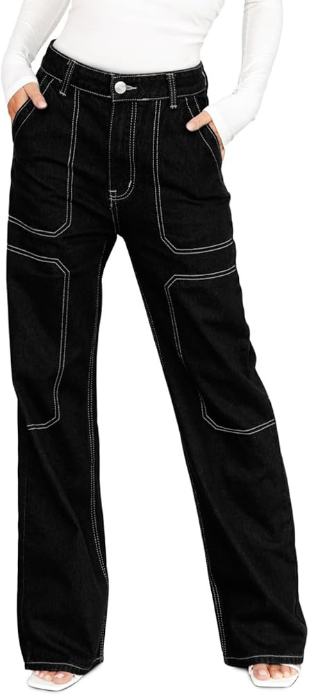 Dokotoo Women's Casual Mid Waist Cargo Jeans Stretch Button Wide Leg Denim Pants with Pockets | Amazon (US)