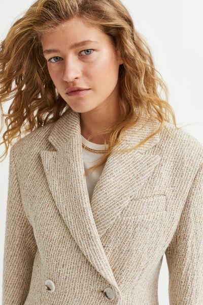 Double-breasted silk-blend blazer - Light beige - Ladies | H&M GB | H&M (UK, MY, IN, SG, PH, TW, HK)