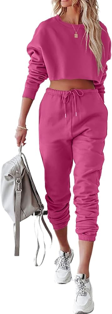 Women's Two Piece Tracksuit Long Sleeve Crop Top Long Pants Outfits Jogger Sets with Pockets | Amazon (US)