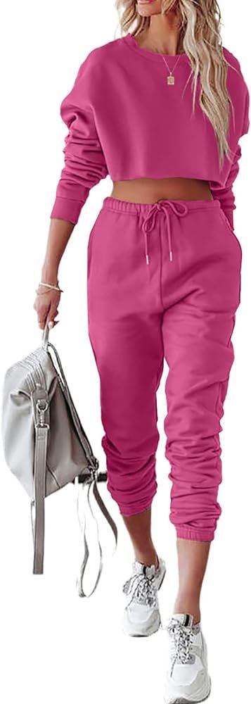 Women's Two Piece Tracksuit Long Sleeve Crop Top Long Pants Outfits Jogger Sets with Pockets | Amazon (US)