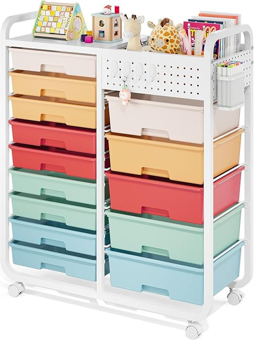 Rolling Storage Cart with 14 Drawers, Storage Organizer Cart with Tabletop and Pegboard,Utility C... | Amazon (US)