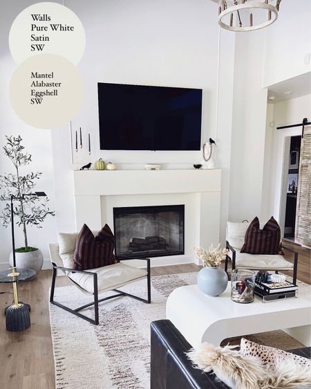 Paint colors: walls and ceilings and baseboards Sherwin Williams Pure White. Mantel color: Sherwin Williams Alabaster// Shalia’s living room #paintcolorslivingroom

#LTKhome