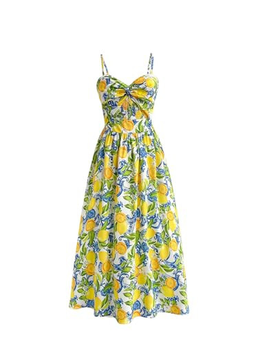 Milumia Women's Boho Floral Fruit Print Cami Dress Cut Out Twisted Flowy Midi Dresses Summer Yellow Green X-Small | Amazon (US)