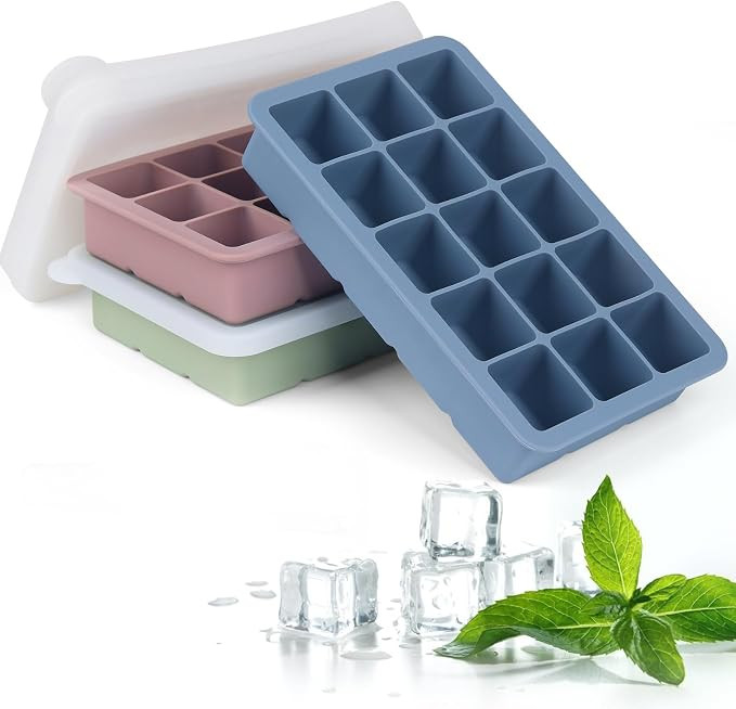Ice Cube Tray with Lid and Tong, 3 Packs 45 Cubes, Silicone Ice Cube Trays Reusable and BPA Free ... | Amazon (UK)