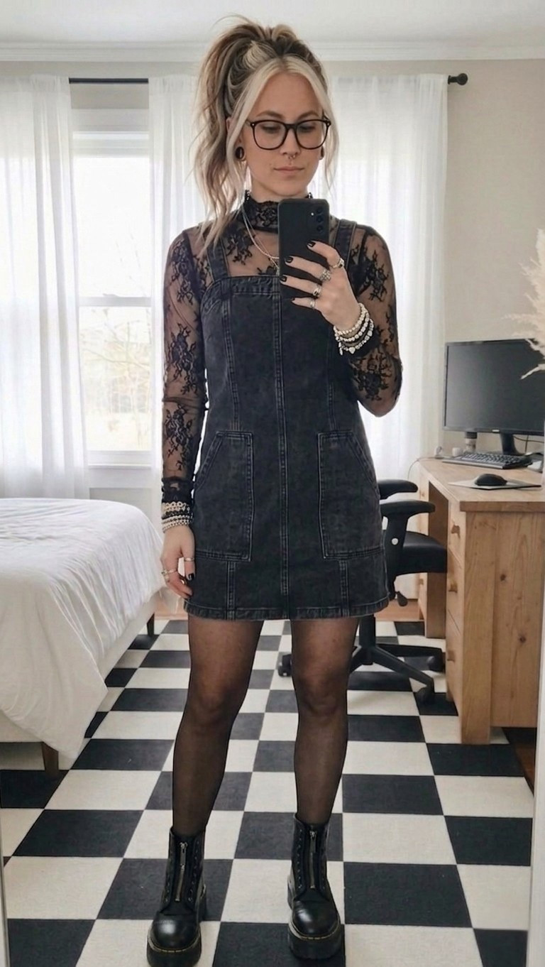 Mixing textures is my favorite way to elevate a simple look! Today’s OOTD features this stunning black floral lace bodysuit layered under a dark wash denim pinafore dress. It’s the perfect transitional outfit for when you want a bit of edge without sacrificing those feminine details.

I’ve paired it with my go-to platform combat boots for that extra height and a bit of "don’t mess with me" energy. This look is perfect for a coffee date, a weekend concert, or just romanticizing your daily errands.

#LTKSeasonal #LTKMidsize #LTKootd