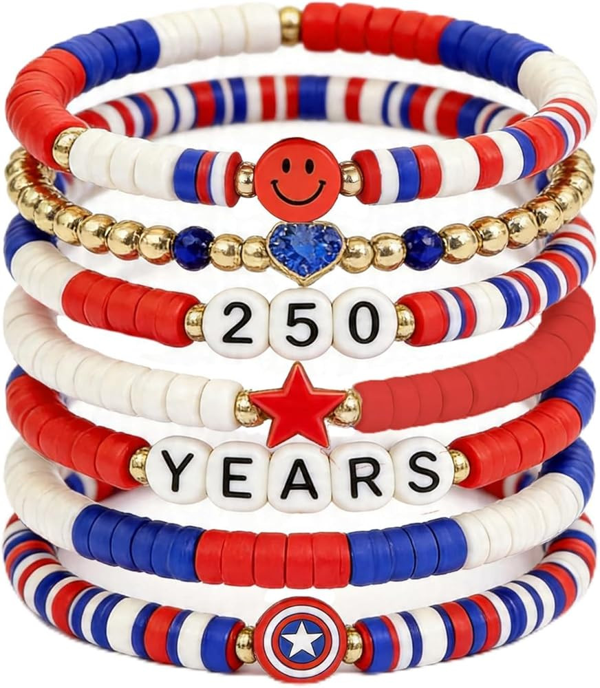 4th of July Bracelets, Red White Blue Bracelets 250 Anniversary Accessories, Stackable Patriotic ... | Amazon (US)