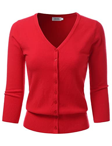 danibe Women's 3/4 Sleeve V-Neck Button Down Knit Sweater Soft Cardigan RED L | Amazon (US)