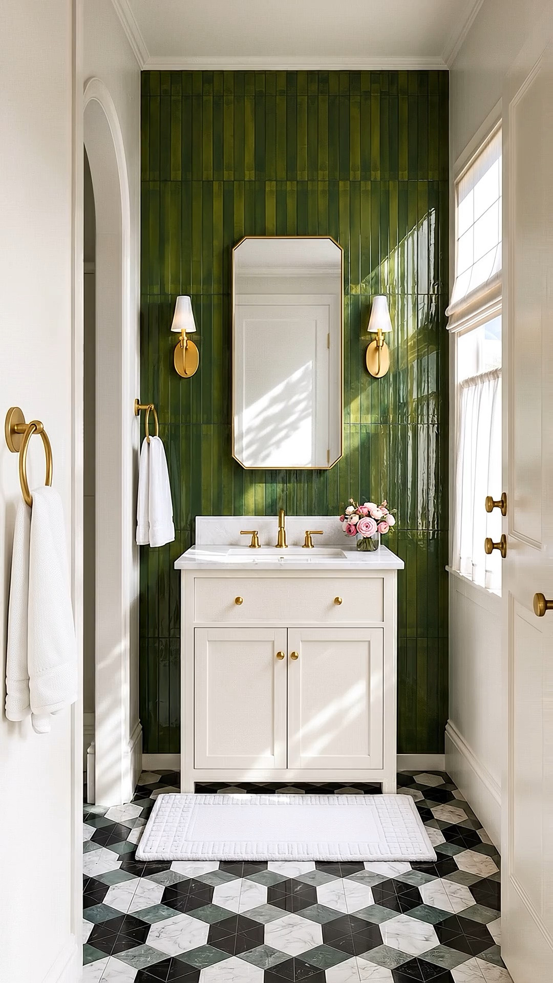 For summer, I always come back to green. It brings such a calm, restorative feeling to a space, and in a powder room, it can instantly create that sense of a quiet little sanctuary.

This design features the Claude™ Bathroom Collection by KOHLER x Studio McGee, a collection inspired by historic architectural details and reinterpreted through a refined modern-classic lens. I love the clean structure of the vanity paired with the softly chamfered mirror—the combination feels tailored and timeless, while still very current. The deep green vertical tile gives the room its character, adding richness, texture, and beautiful visual depth without making this smaller space feel heavy.

Function matters just as much as the look. The vanity provides practical closed storage while keeping the room visually clean and composed, and the sconces on either side of the mirror create balanced lighting right where you need it. At the window, a relaxed Roman shade filters the stronger sunlight from above, while the white café curtain gives privacy at eye level without sacrificing natural light. Together, the layers keep the powder room bright, comfortable, and inviting throughout the day.

A small space can still feel incredibly considered—beautiful materials, thoughtful lighting, privacy, storage, and just enough color to give it a distinct point of view.

#powderroom #bathroomdesign #bathroomvanity #vanitymirror #bathroomsconce #walltile #greentile #romanshade #cafecurtain #windowtreatments #studiomcgee #kohler #claudecollection #modernclassic

#LTKdayinmylife #LTKHome