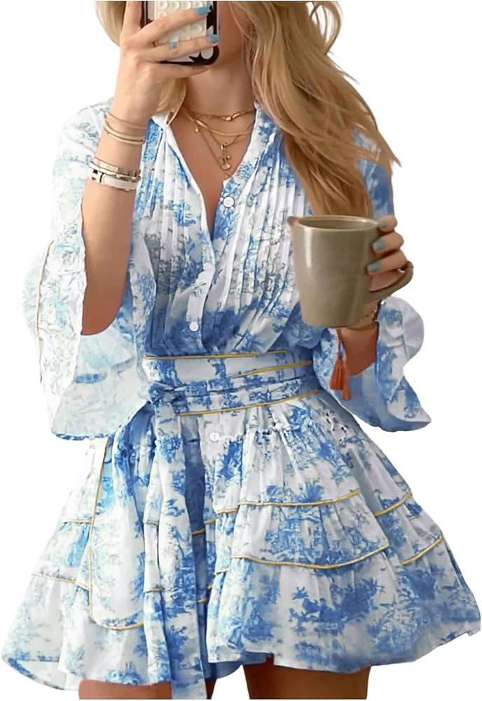 SOLY HUX Women's Floral Ruffle Mini Dress V Neck 3/4 Sleeve Flowy Boho Vacation Dresses | Amazon (US)