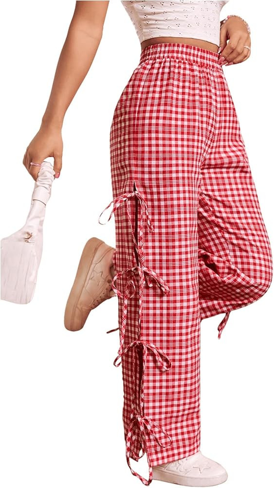 Floerns Women's Gingham Print Elastic Waist Slit Tie Sides Straight Leg Pants | Amazon (US)