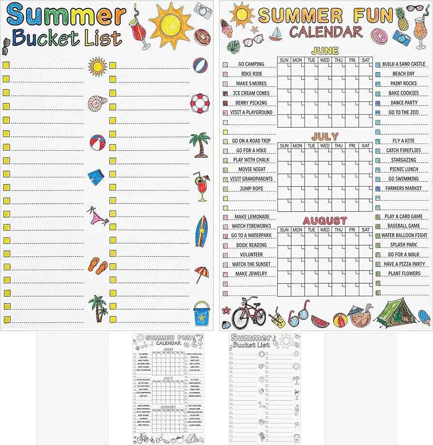 Eaasty 4 Pcs Summer Bucket List Calendar Poster Set with Blank Coloring Poster Summer Camp Activi... | Amazon (US)