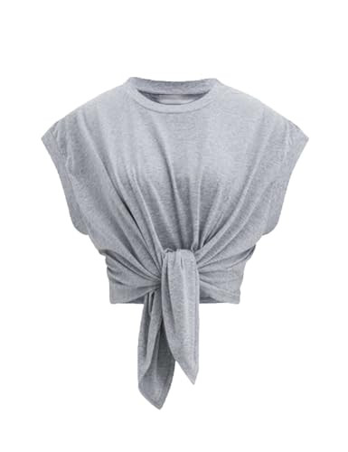 Crop Tops for Women Cap Sleeve Tie Front Solid Ruched T-Shirt Tops 2026 Summer Crew Neck Tee Shir... | Amazon (US)
